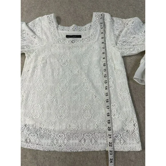 White House Black Market Lined White Lace Top Chiffon Ruffle Sleeves Sze S - Picture 14 of 16